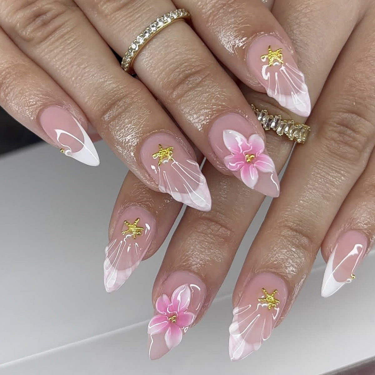 Floral Elegance Medium Almond Pink with Gold Accent Press on Nail Set