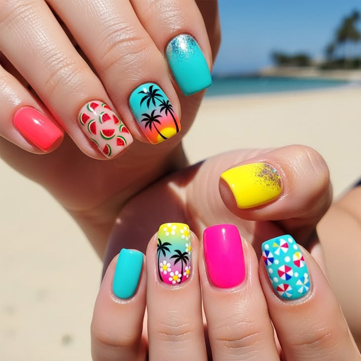 Tropical Vibes Medium Square Aqua with Playful Palm Tree Design Press On Nail Set