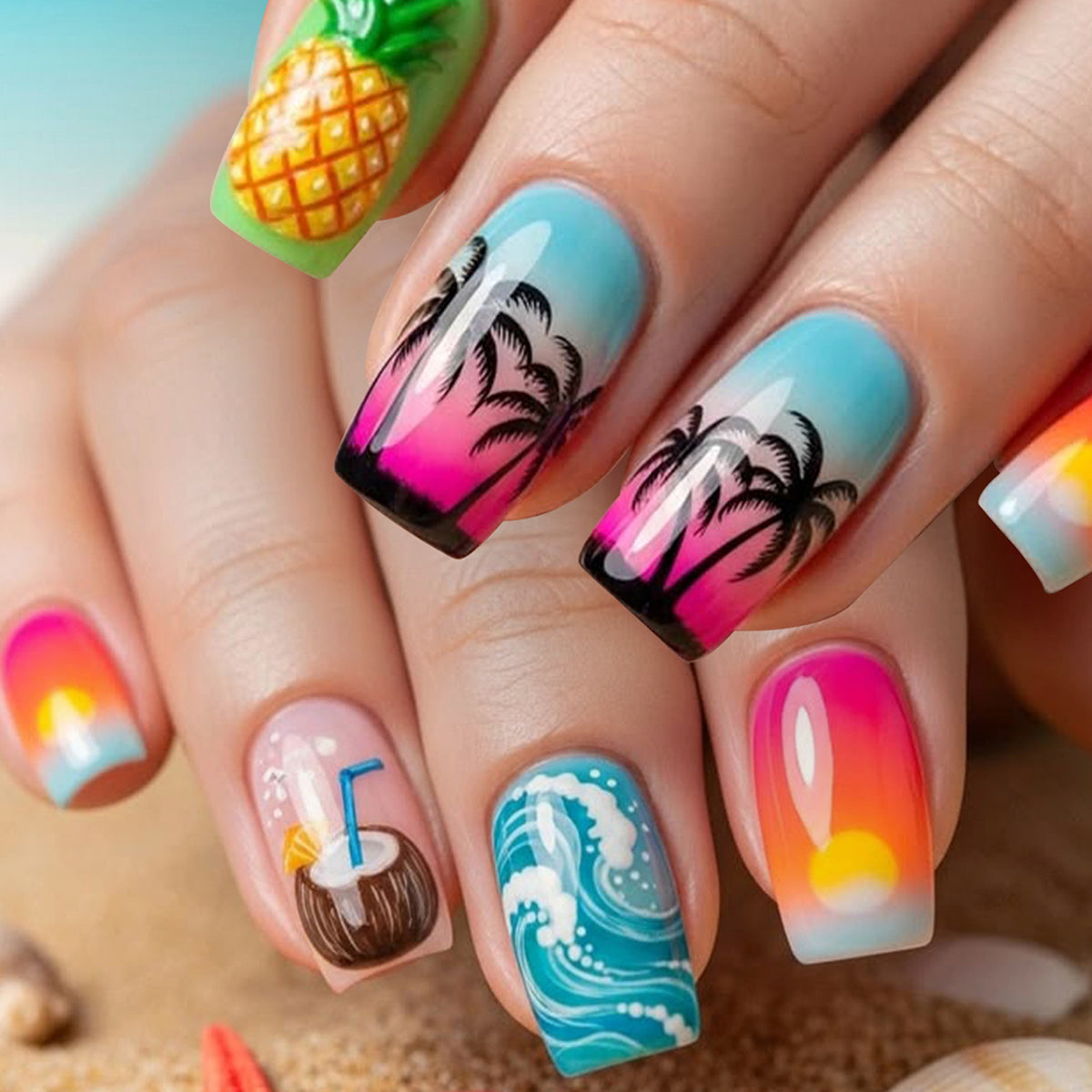 Tropical Paradise Medium Square Colorful Gradient Nail Press Set with Beach Themed Designs