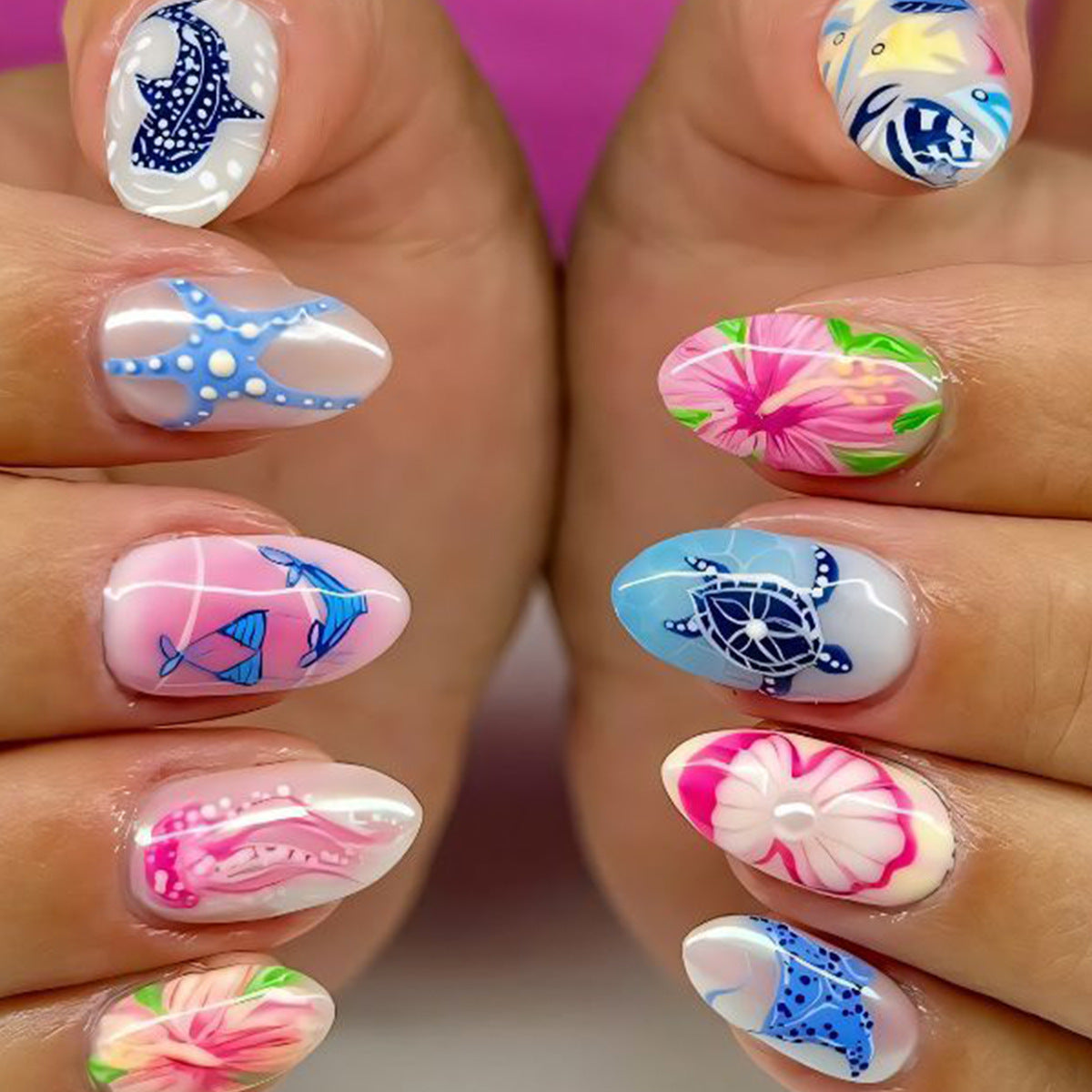 Tropical Paradise Medium Almond Pink Floral Design Press On Nail Set