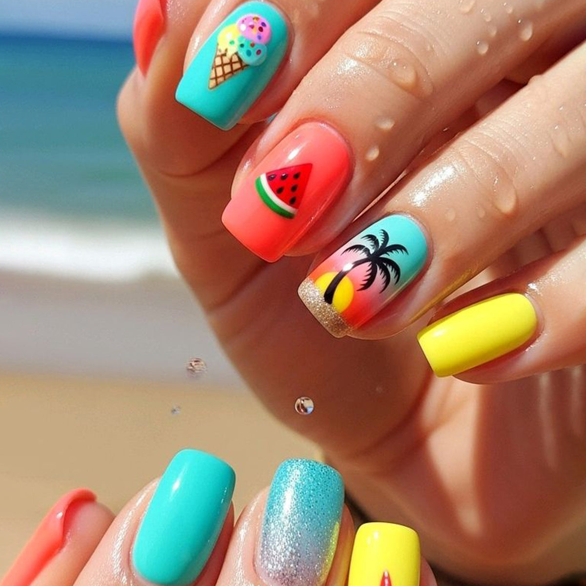 Tropical Vibes Medium Square Multicolor With Fun Fruit Designs Press On Nail Set