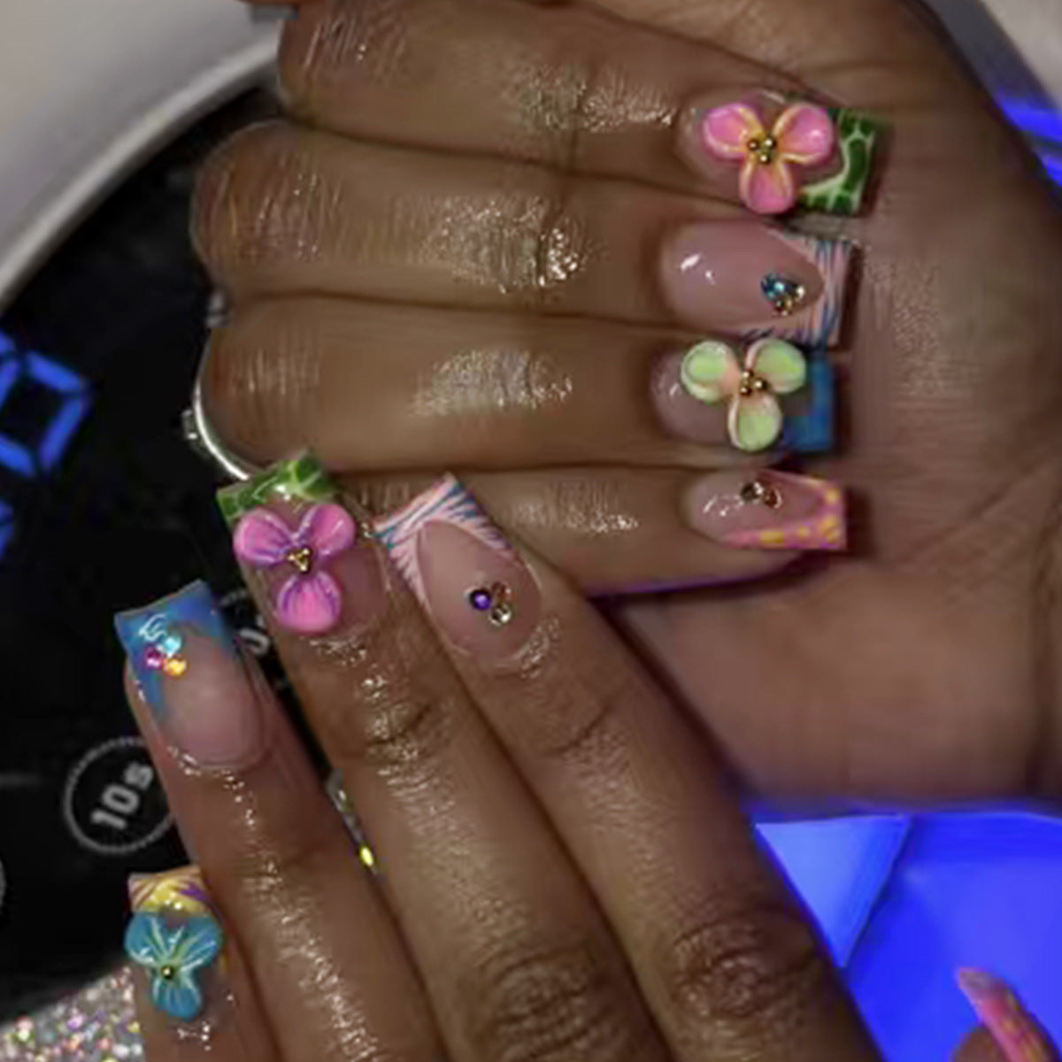 Tropical Bliss Medium Square Colorful Floral Press on Nail Set