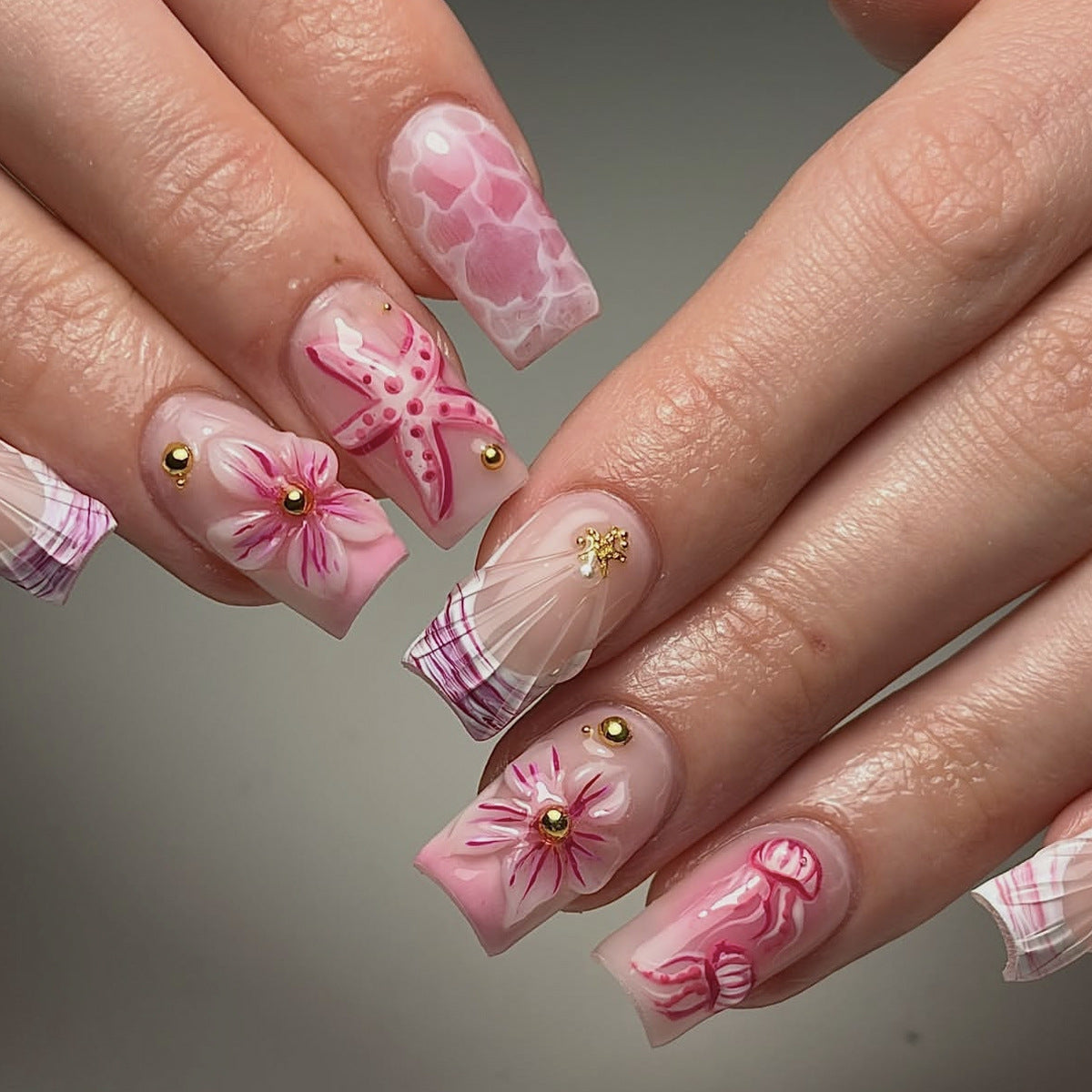 Beachy Delight Long Square Pink Floral Design Press on Nail Set