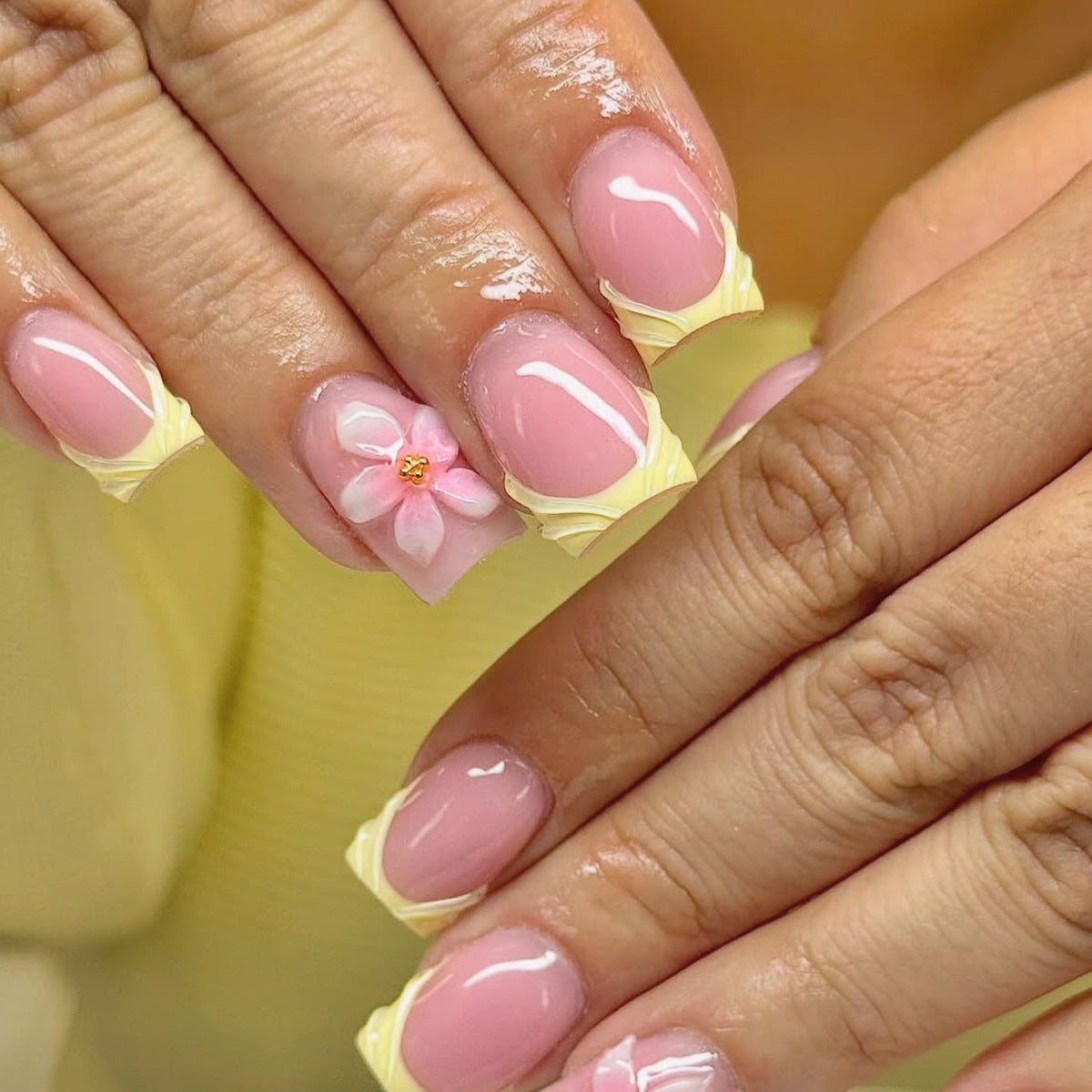 Tropical Charm Medium Square Pink with Floral Accent Press on Nail Set