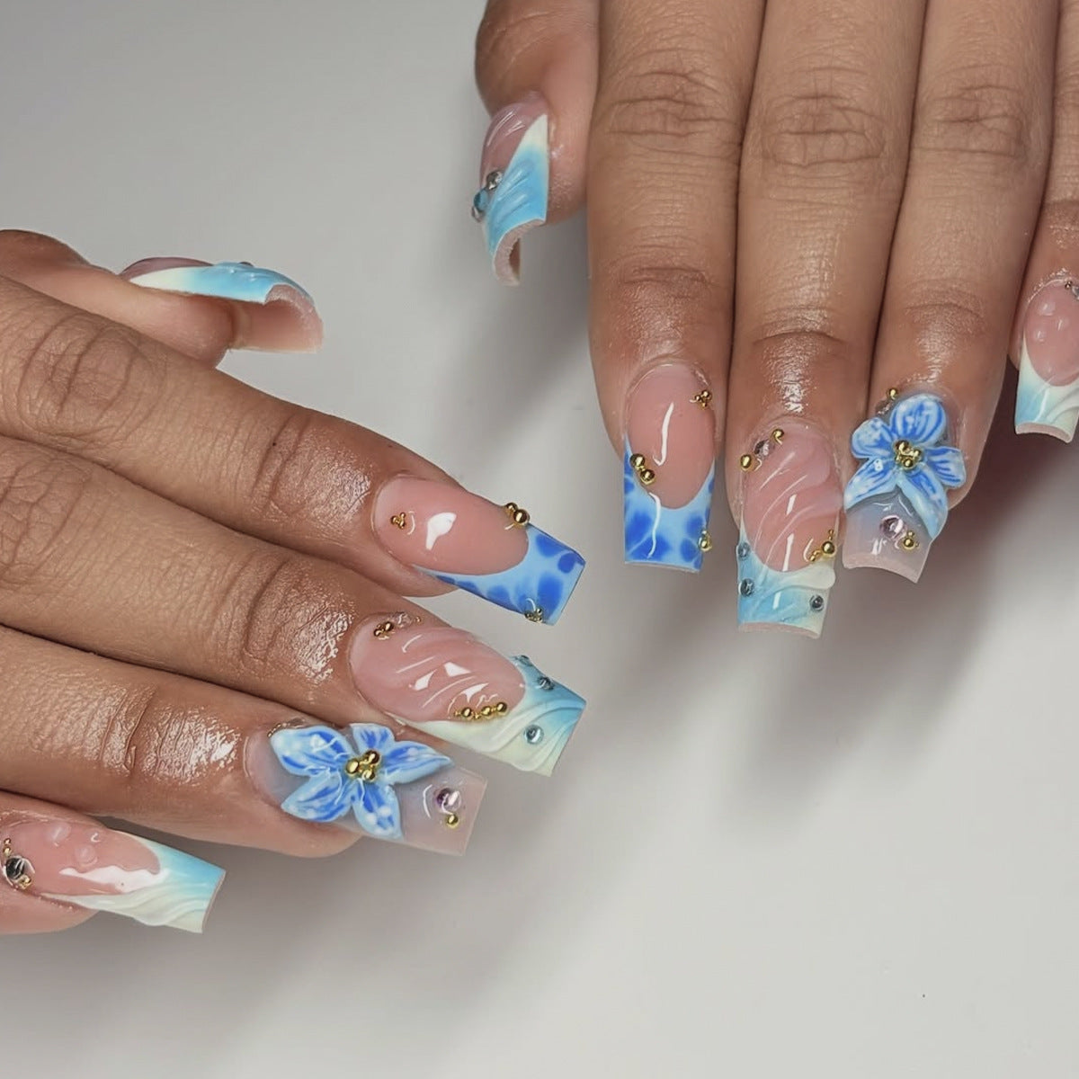 Ocean Breeze Medium Square Baby Blue Floral Press-On Nail Set