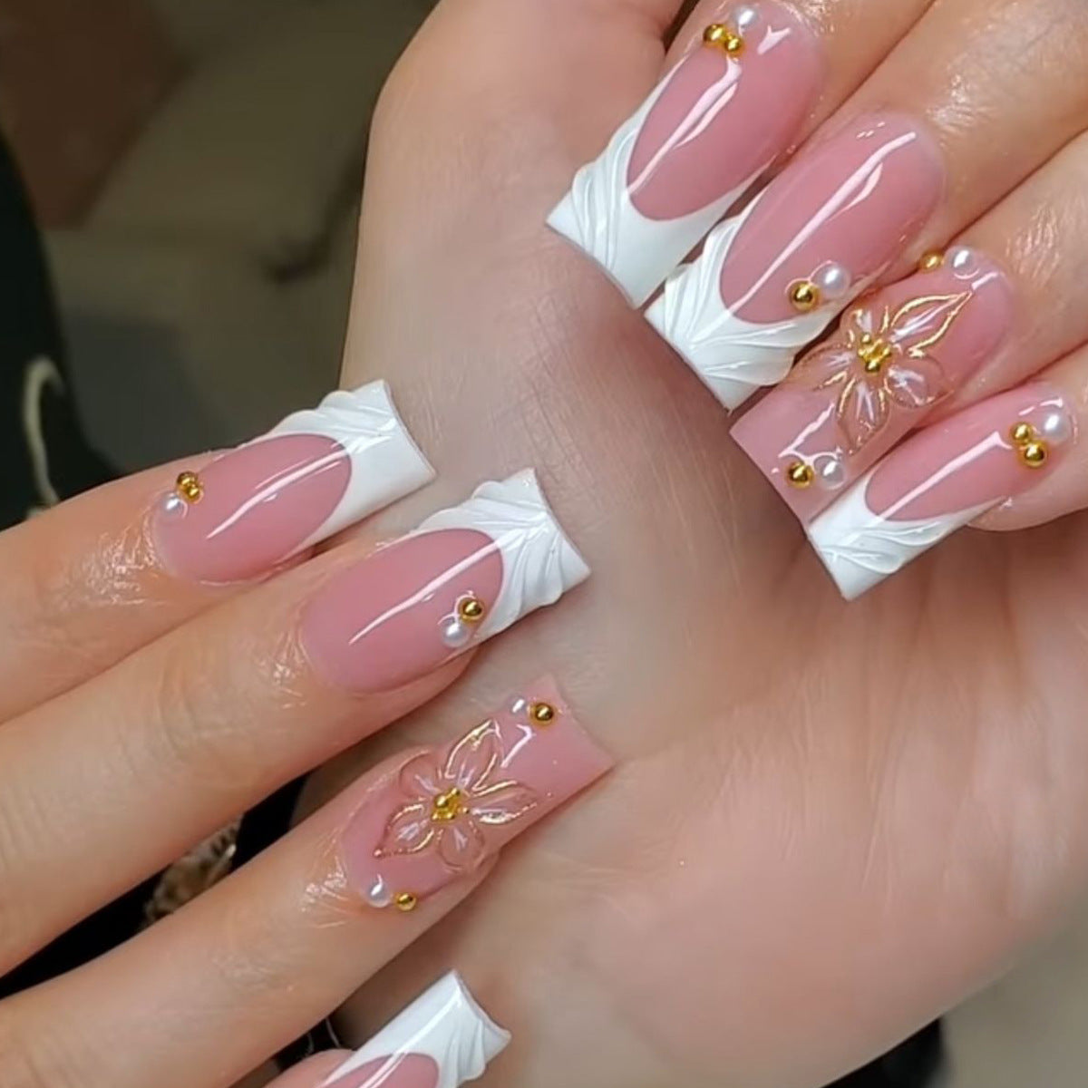 Elegant Floral Design Long Square Pink and White Nail Set with Decorative Gems