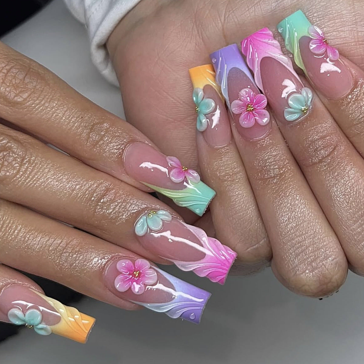 Floral Fantasy Long Square Multicolored Press on Nail Set with Three Dimensional Flower Accents