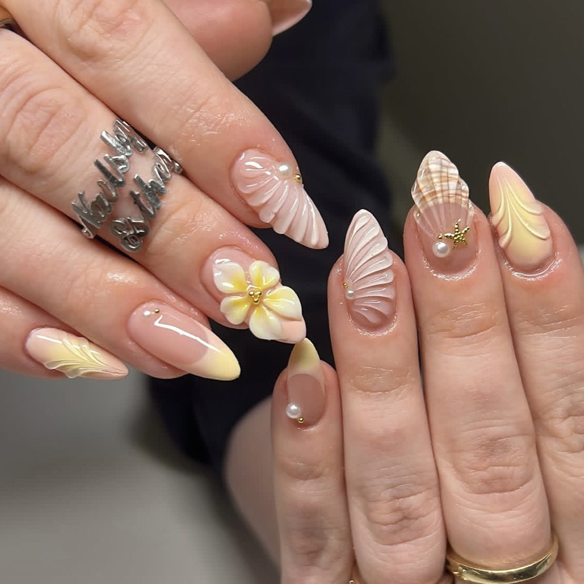 Tropical Elegance Medium Almond Beige with Floral and Shell Accent Press On Nail Set
