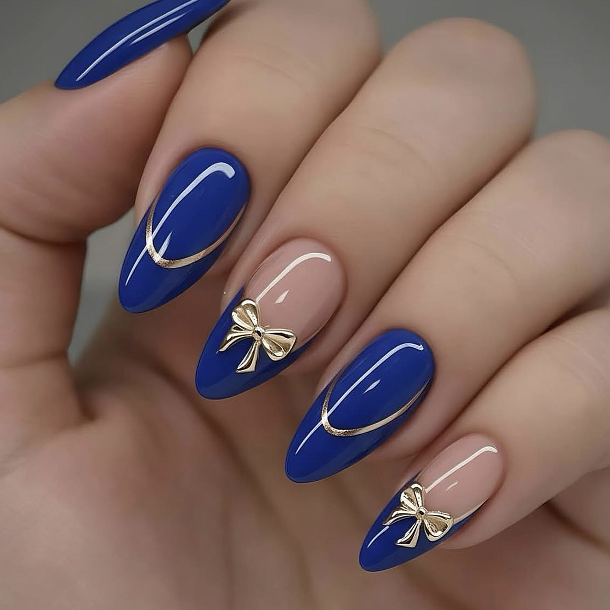 Chic Bow Accent Medium Almond Blue Press On Nail Set