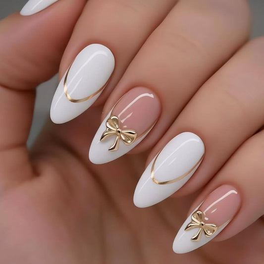 Elegant Charm Medium Almond White Press On Nail Set with Gold Accent Bow