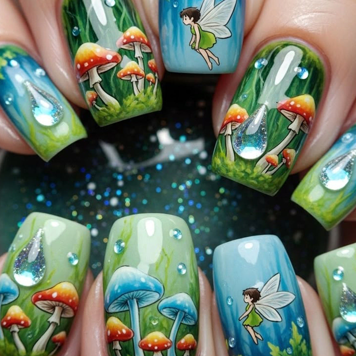 Whimsical Fairy Garden Short Square Green and Blue Press on Nail Set with Enchanting Mushroom Art