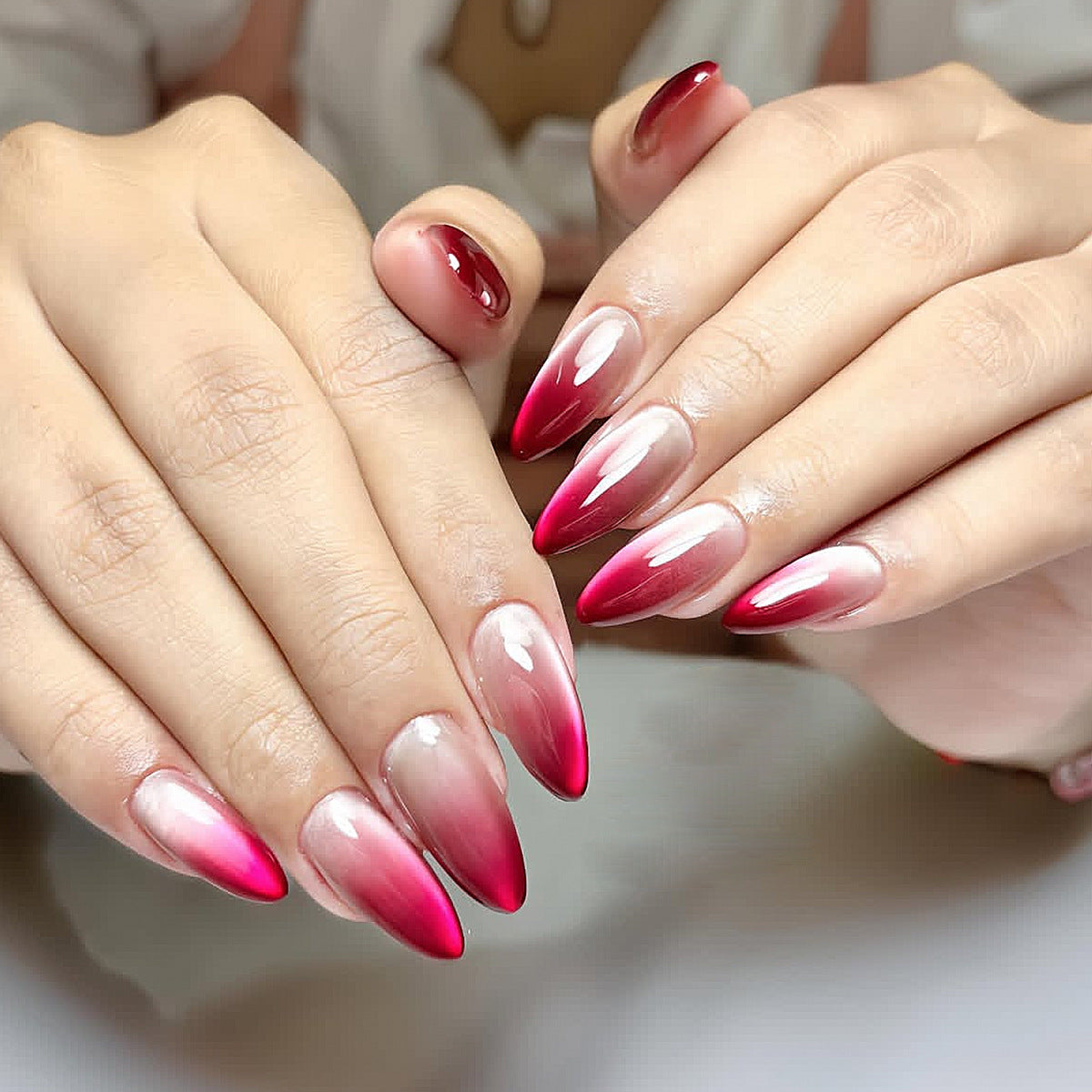 Enchanting Ombre Medium Almond Red Gradient Press On Nail Set