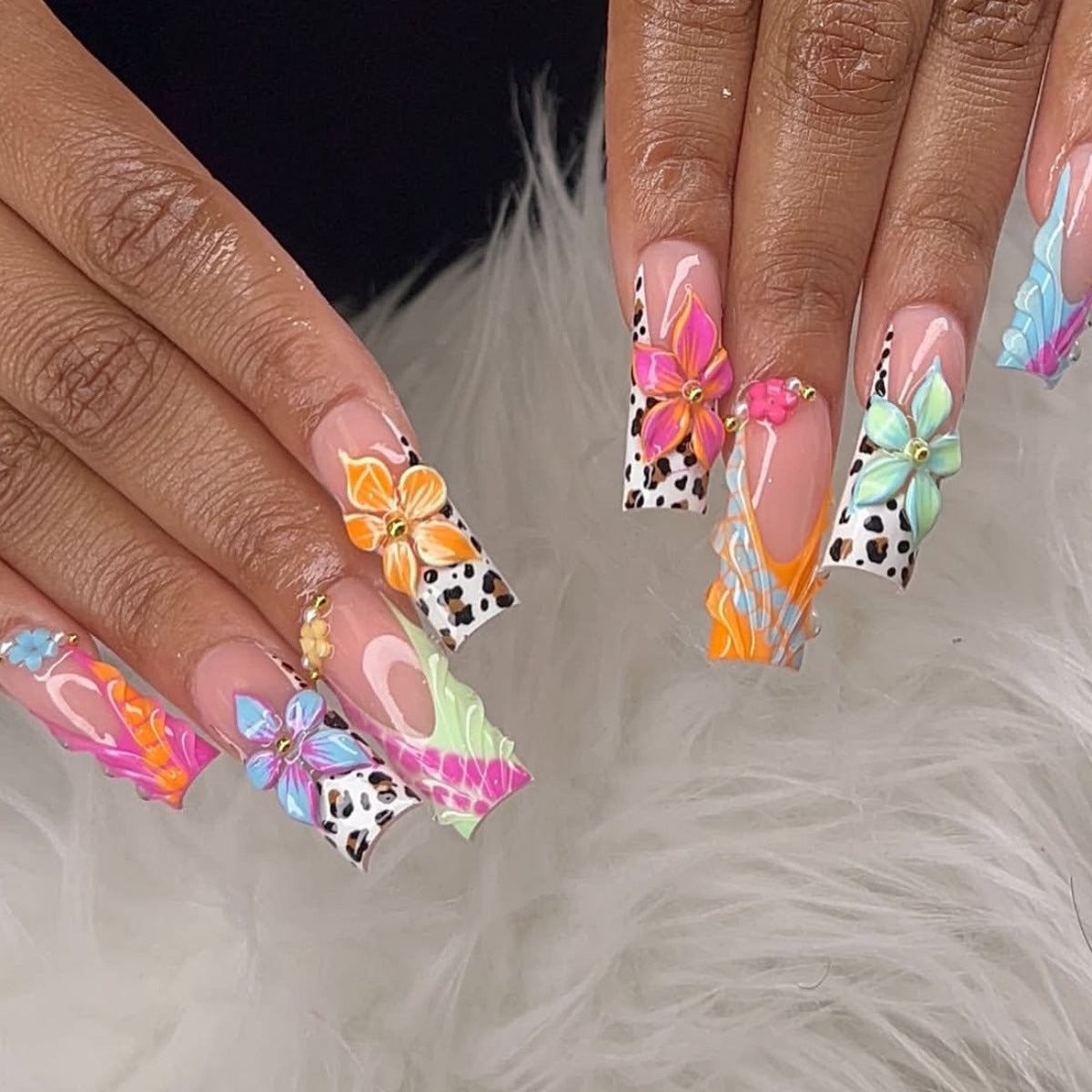 Tropical Bliss Long Square Multicolor Floral Press On Nail Set