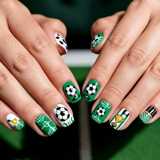 Soccer Fever Short Square Green with Unique Patterned Design Press on Nail Set