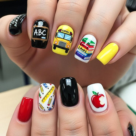 School Day Short Square Colorful Art Press-On Nail Set