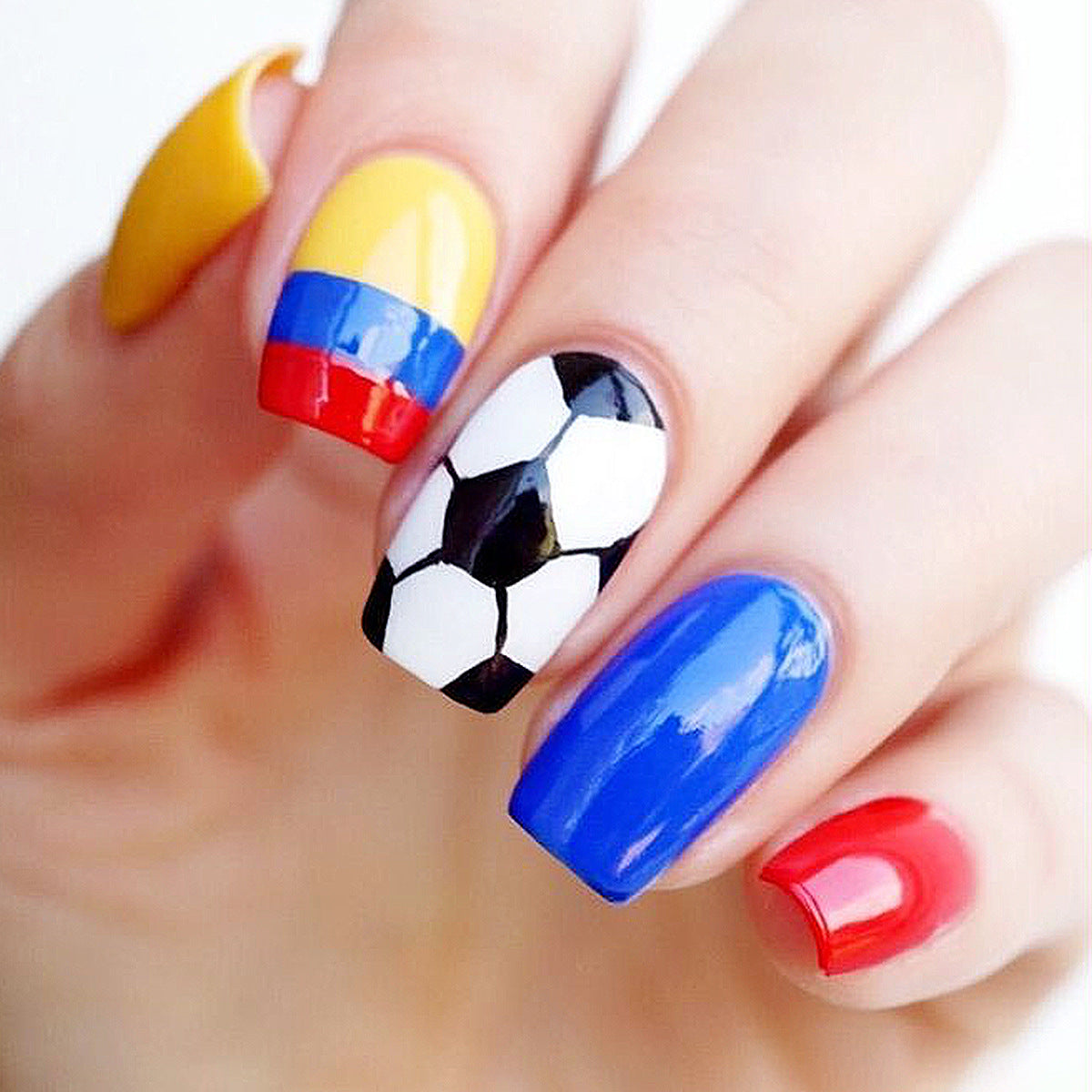 Soccer Themed Medium Square Colorful Press On Nail Set with Unique Sports Design