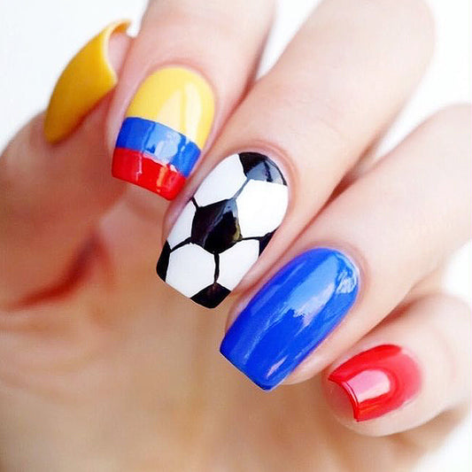 Soccer Themed Medium Square Colorful Press On Nail Set with Unique Sports Design