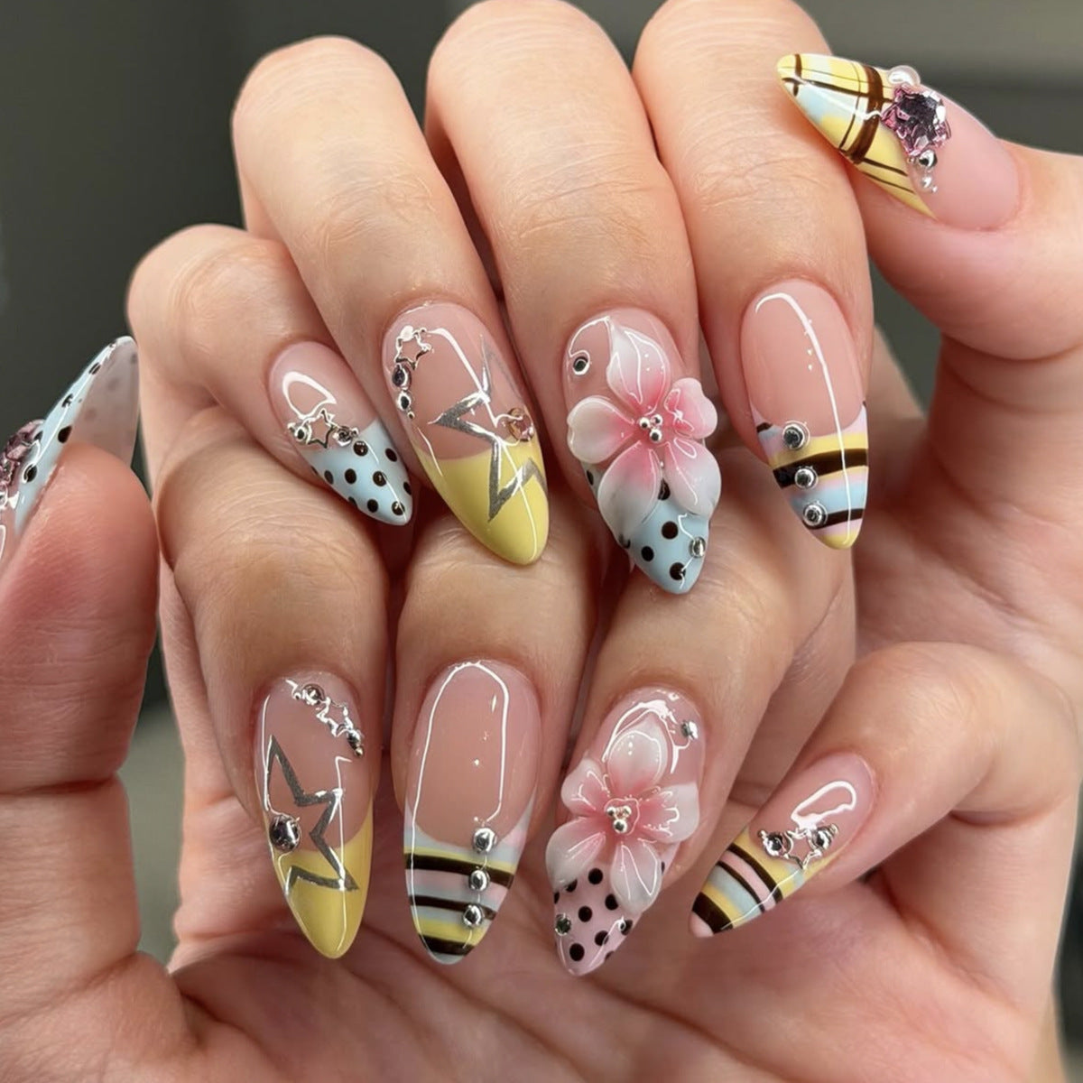 Tropical Elegance Medium Almond Yellow and Floral Press On Nail Set with Rhinestone Accents
