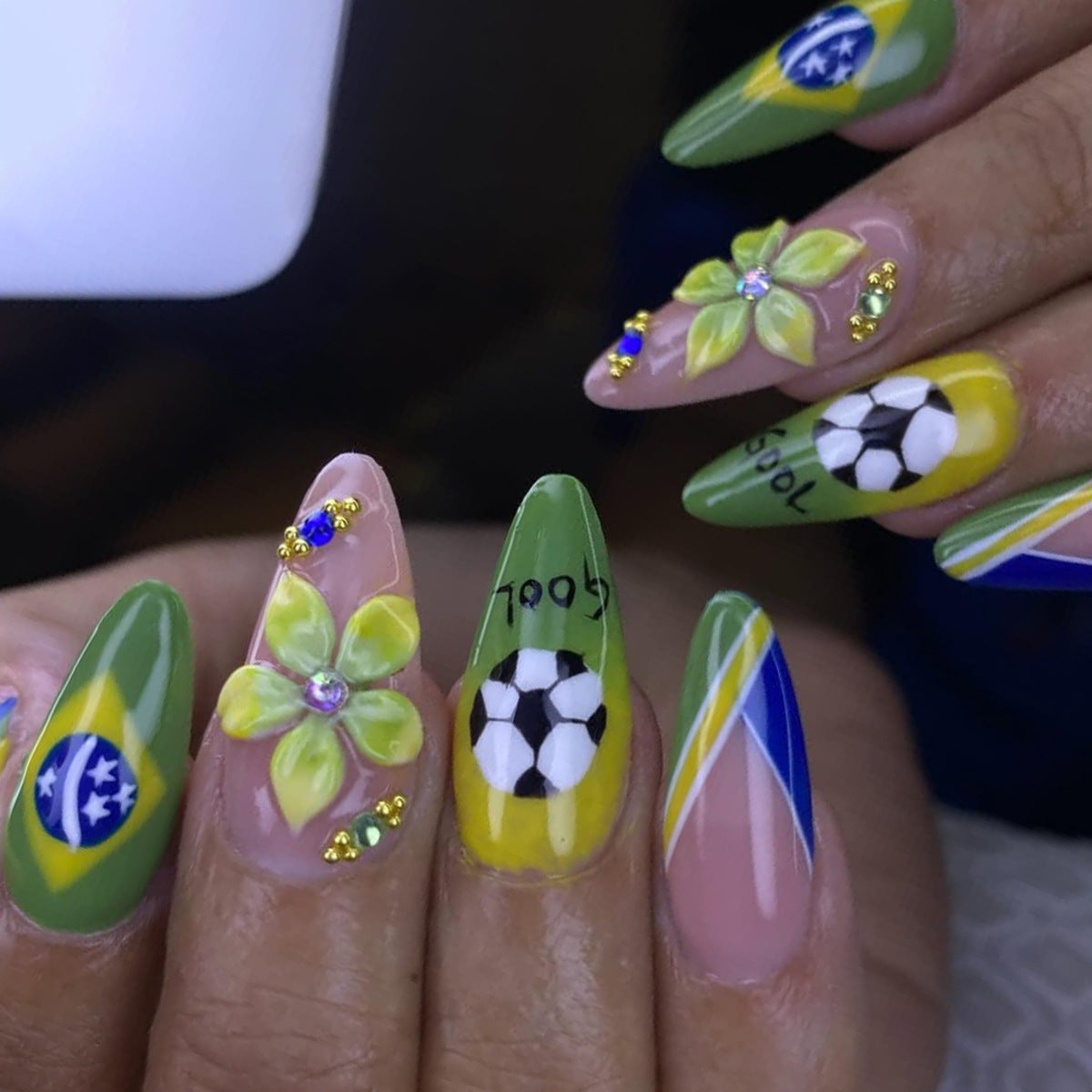 Soccer Inspired Medium Almond Green Press On Nail Set with Floral Accents and Unique Soccer Themes