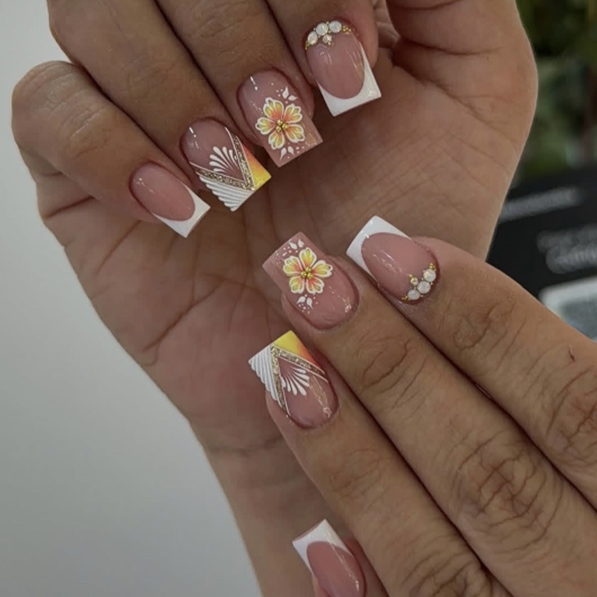 Tropical Paradise Long Square Pink Floral Accented Press-On Nail Set