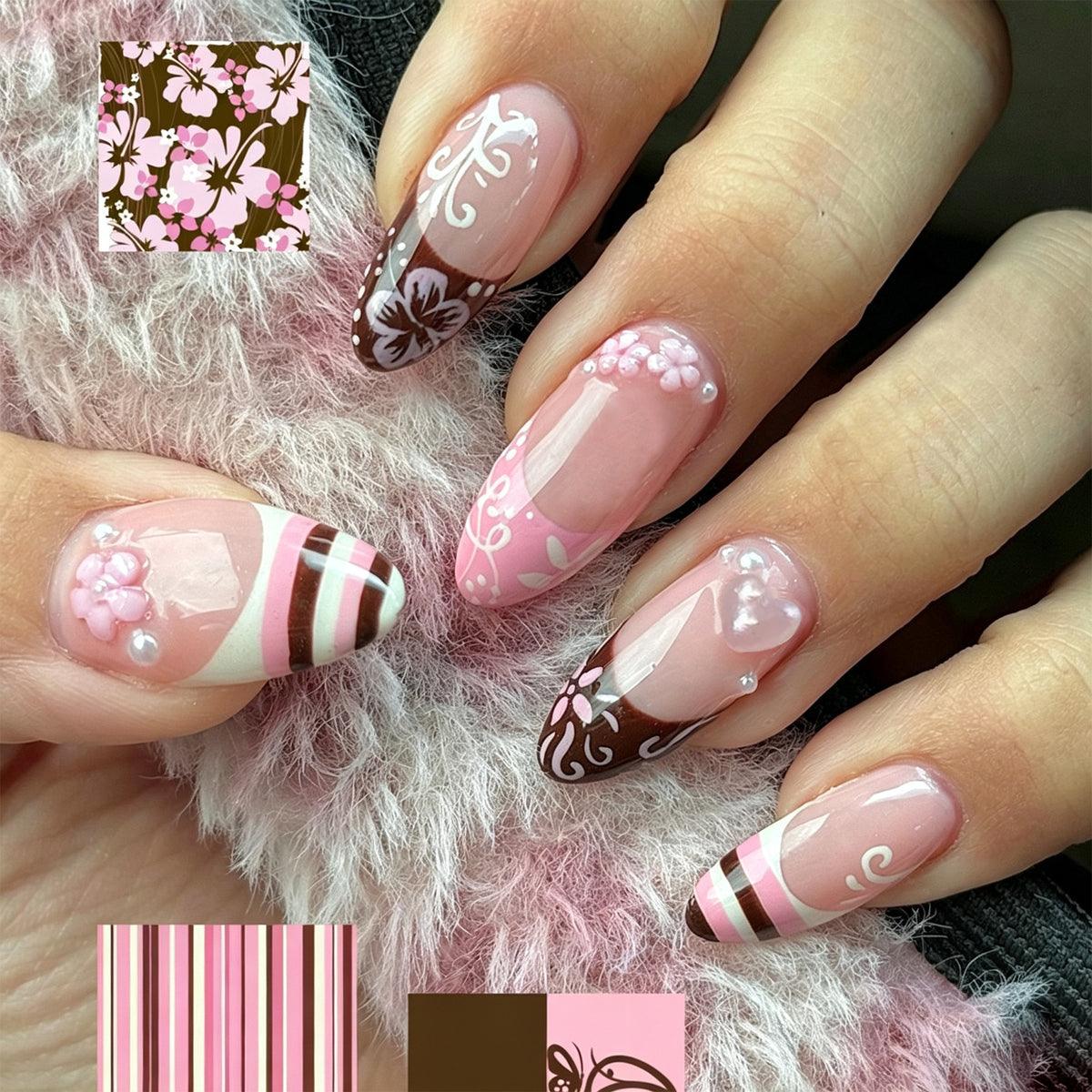 Charming Floral Medium Almond Pink with Elegant Designs Press-On Nail Set