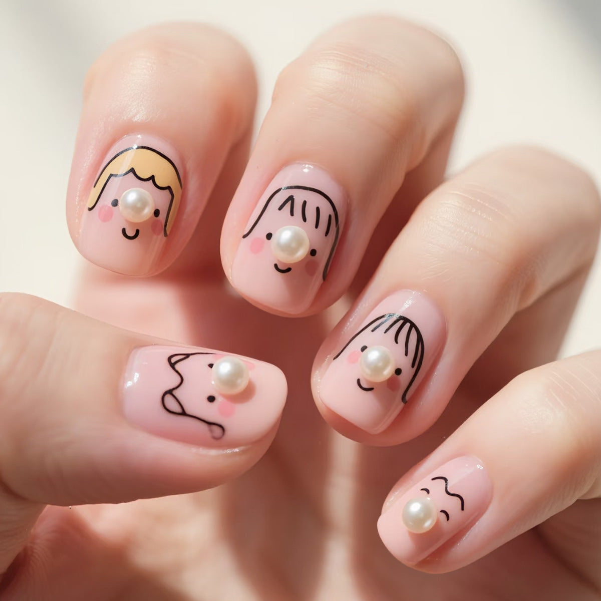 Whimsical Delight Short Square Pink with Pearl Accents Press-on Nail Set