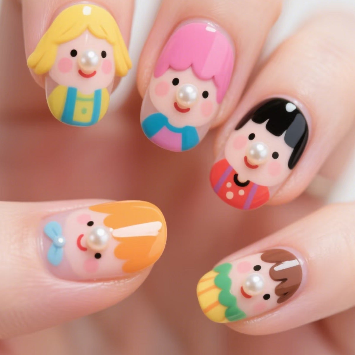 Whimsical Character Medium Round Multicolor Nail Set with Pearl Accent