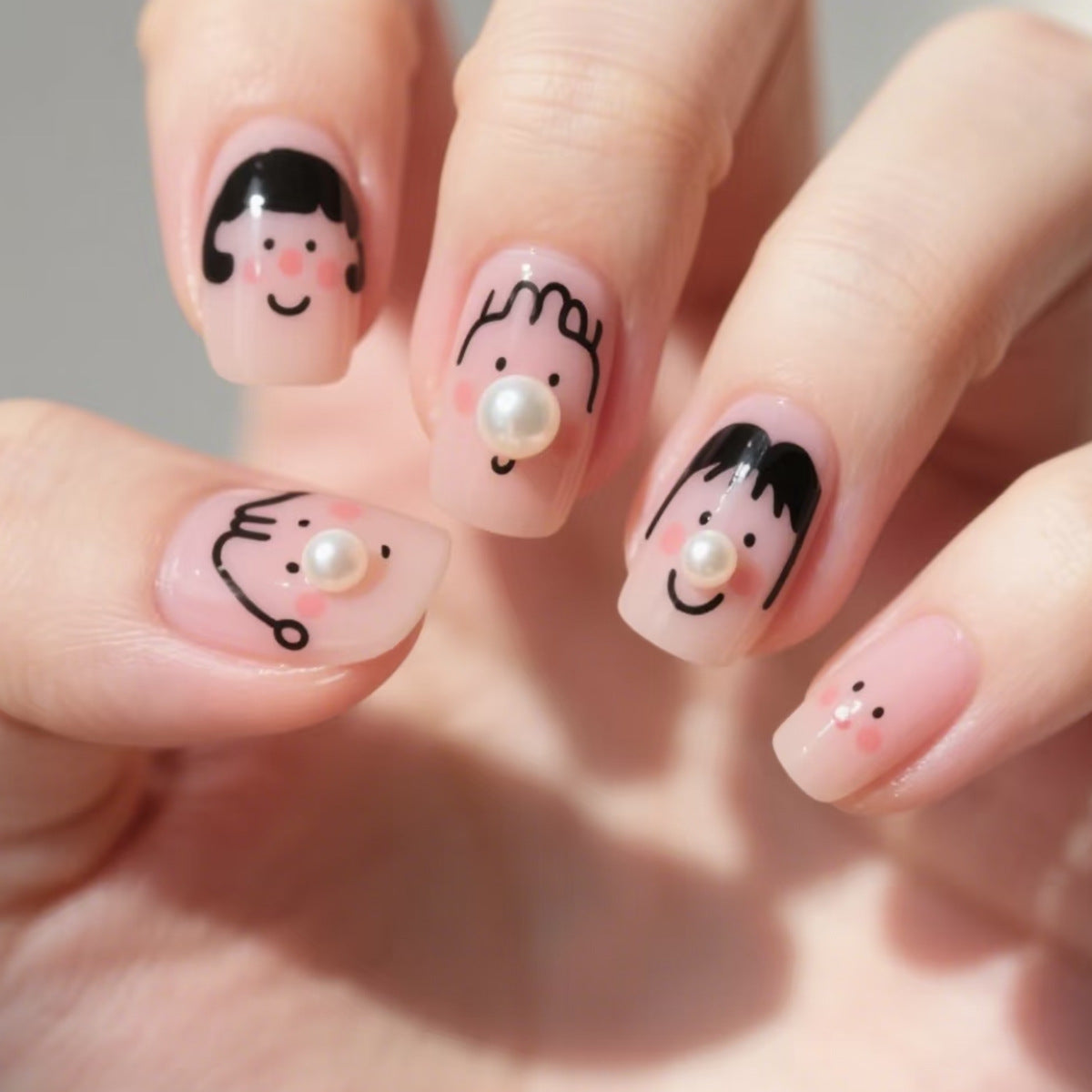 Whimsical Character Inspired Medium Square Pink Nail Set with Charming Pearl Accents