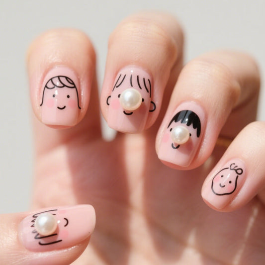 Charming Cartoon Theme Medium Square Pink with Pearl Accent Press-On Nail Set