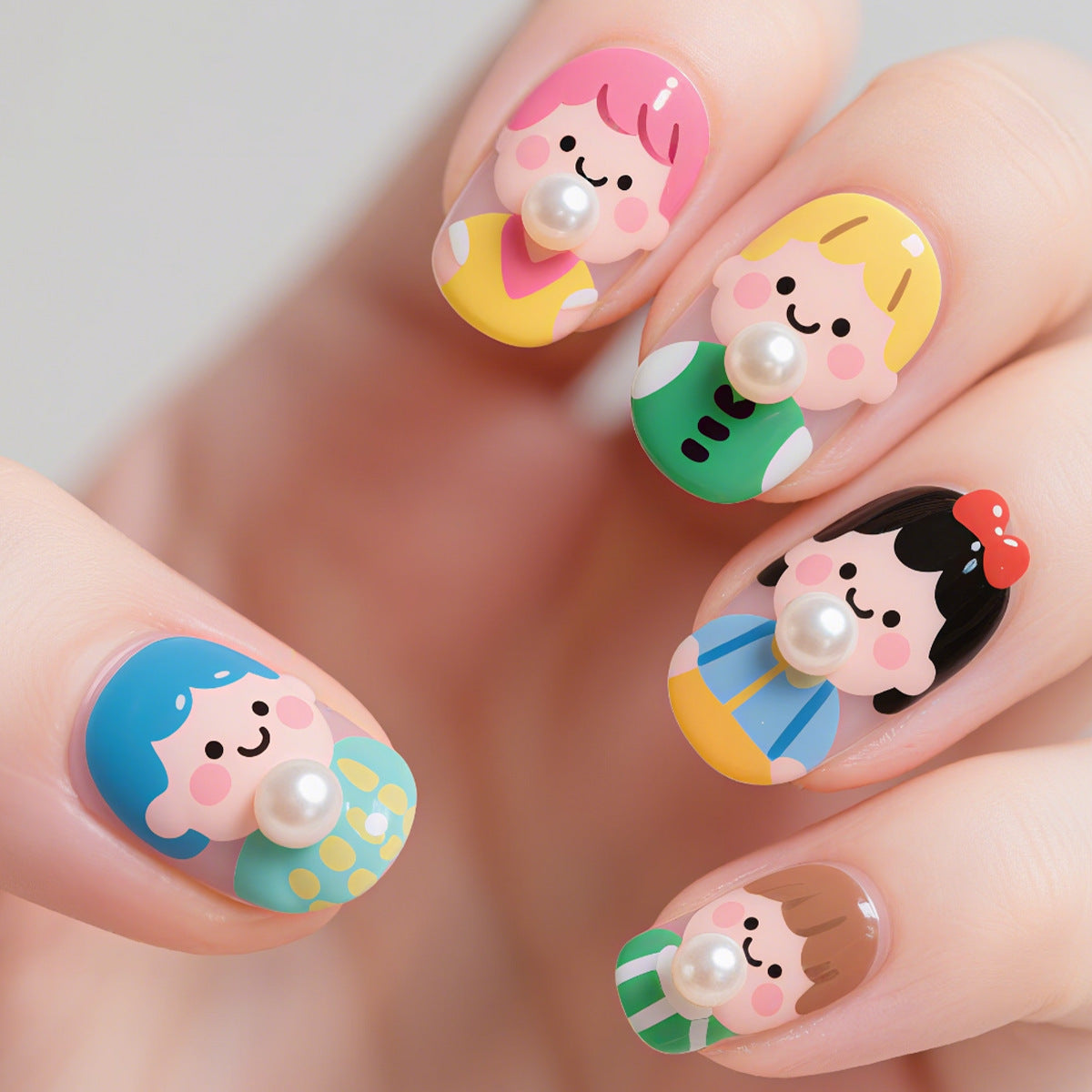 Whimsical Playtime Short Round Colorful Character Press On Nail Set with Pearls