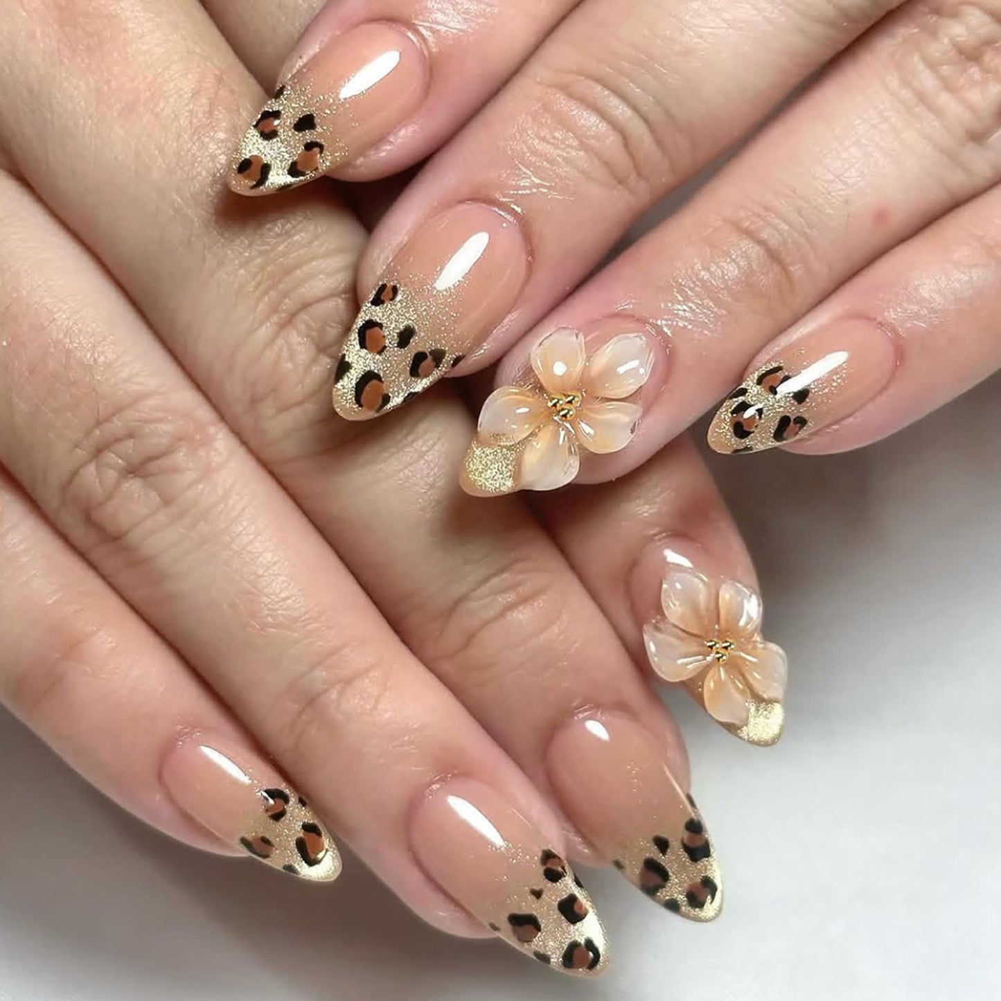 Wildflower Inspired Medium Almond Beige Nail Set with Artistic Floral Accents