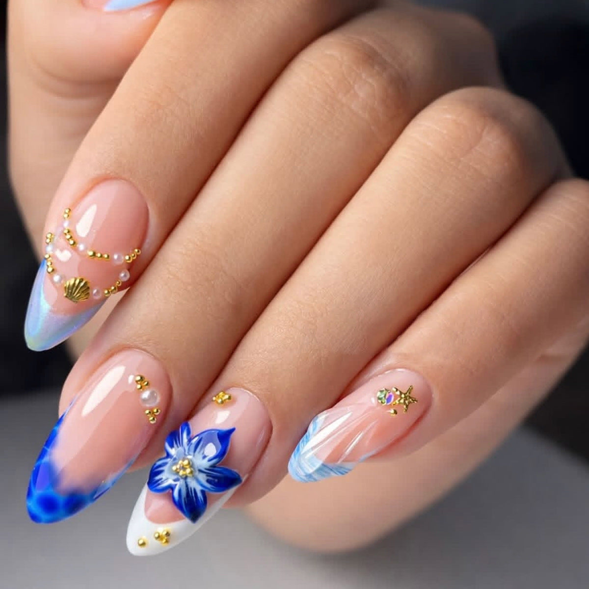 Ocean Breeze Medium Almond Blue Floral and Gold Accent Press On Nail Set