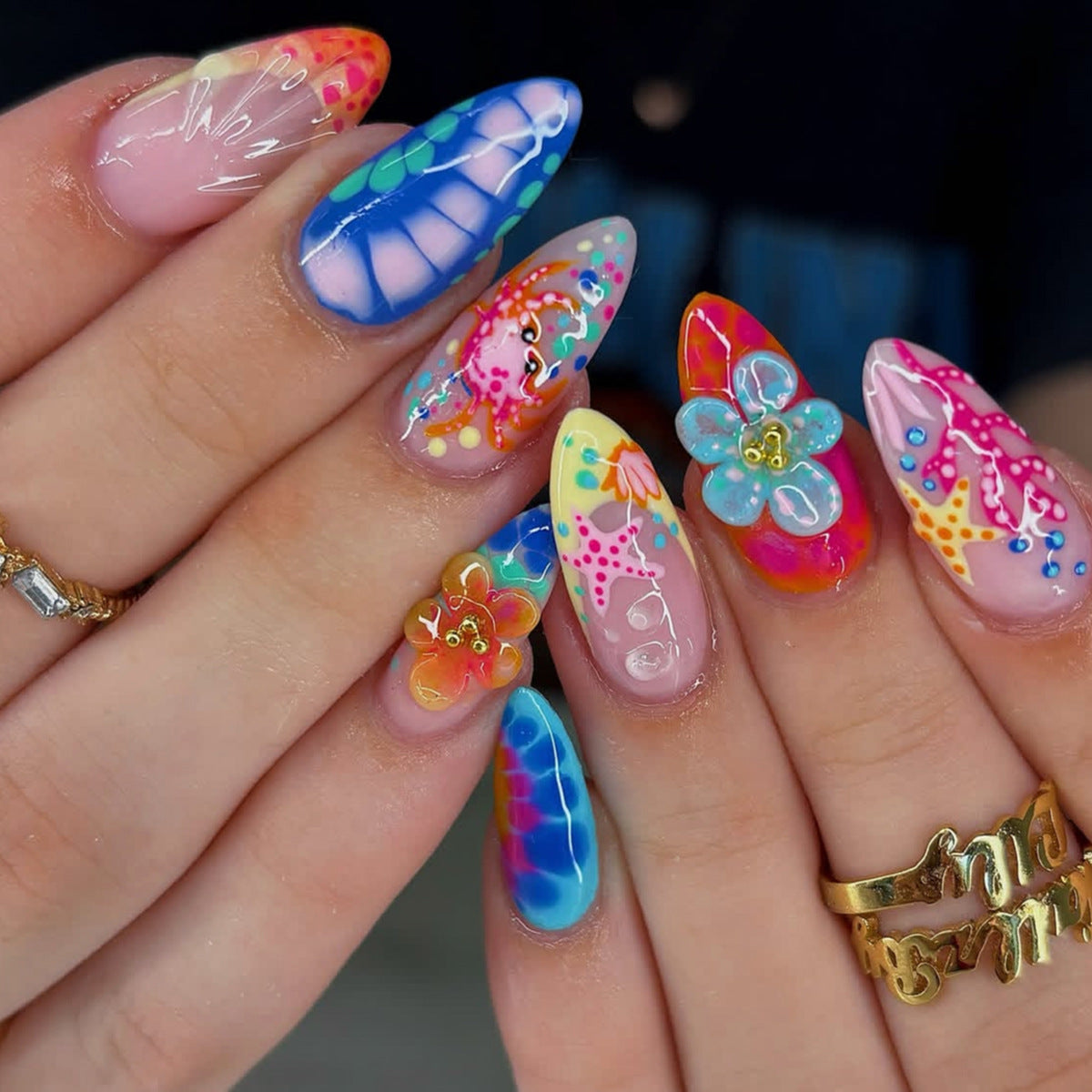 Ocean Paradise Medium Almond Colorful Floral Nail Set