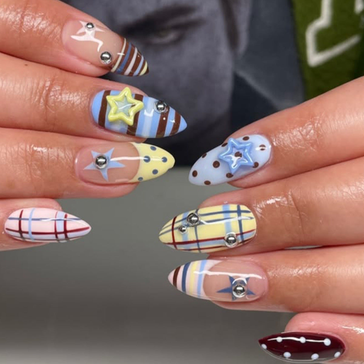 Starry Night Medium Almond Multicolor Press-On Nail Set with Decorative Gems