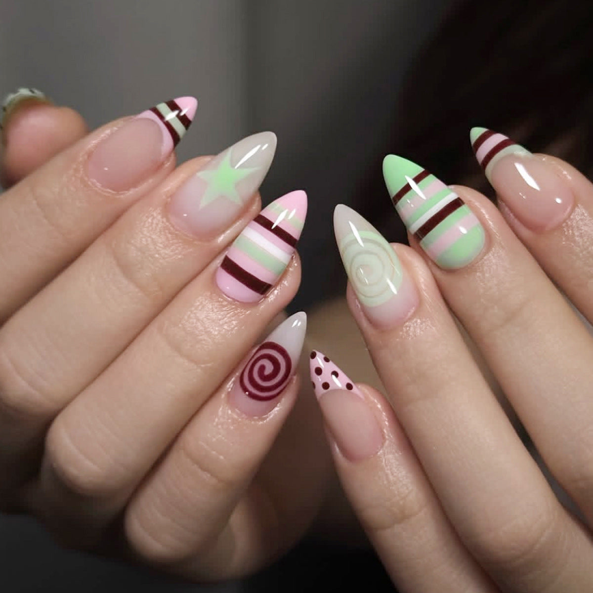 Sweet Treats Medium Almond Mint and Pink Striped Design Nail Set