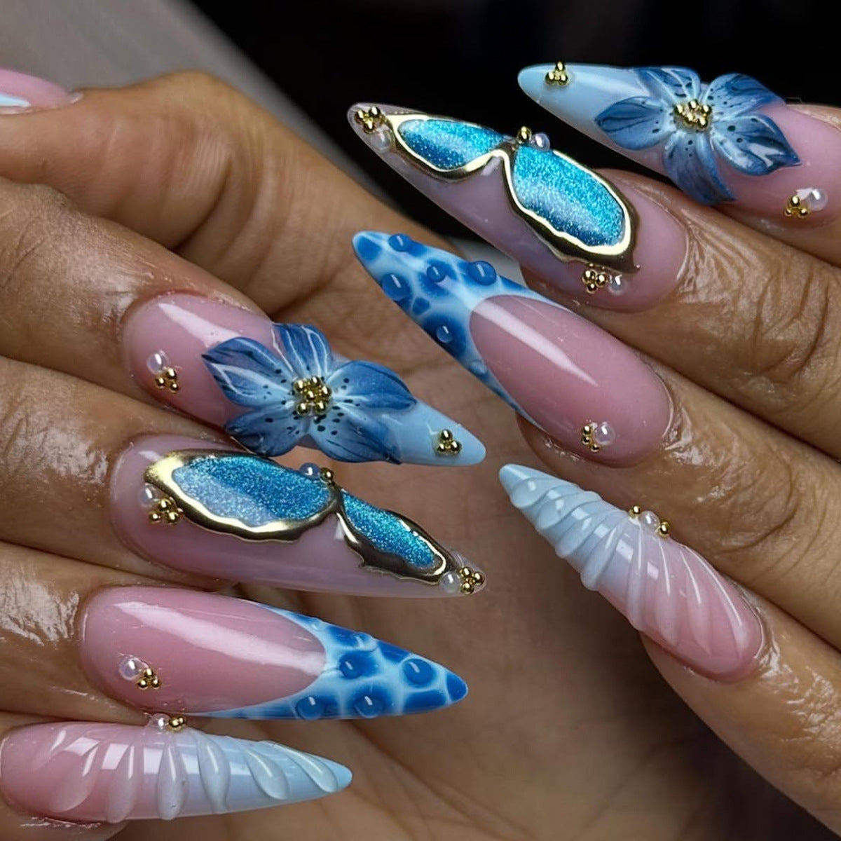 Oceanic Glamour Medium Almond Blue with Floral and Shell Accents Press on Nail Set