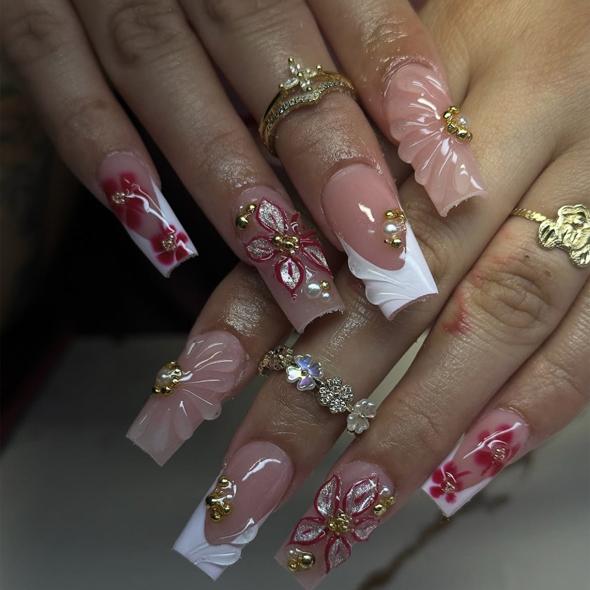 Blooming Elegance Long Square Soft Pink Floral Press on Nail Set with Beautiful Embellishments