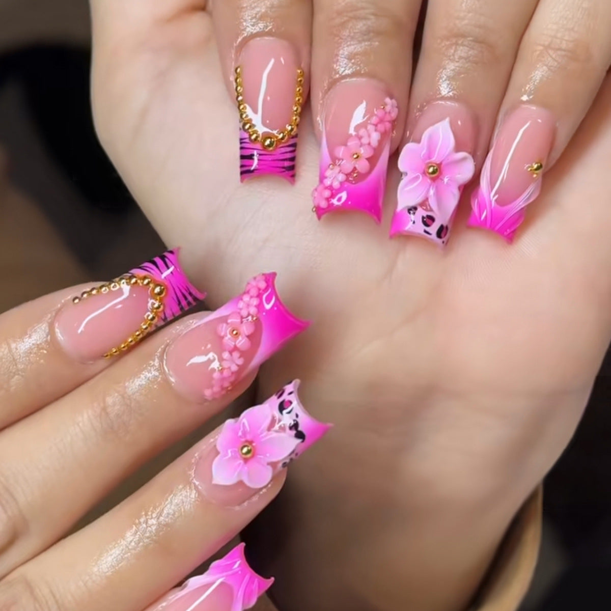 Tropical Vibes Long Square Pink Floral Nail Set with Glitter Accents