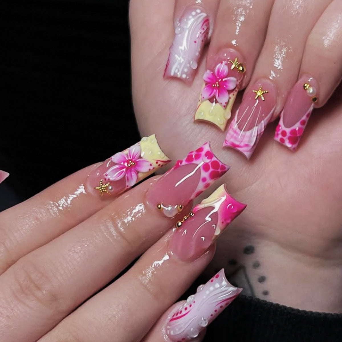 Tropical Blossom Long Square Pink Floral Press On Nail Set with Glitter Accents