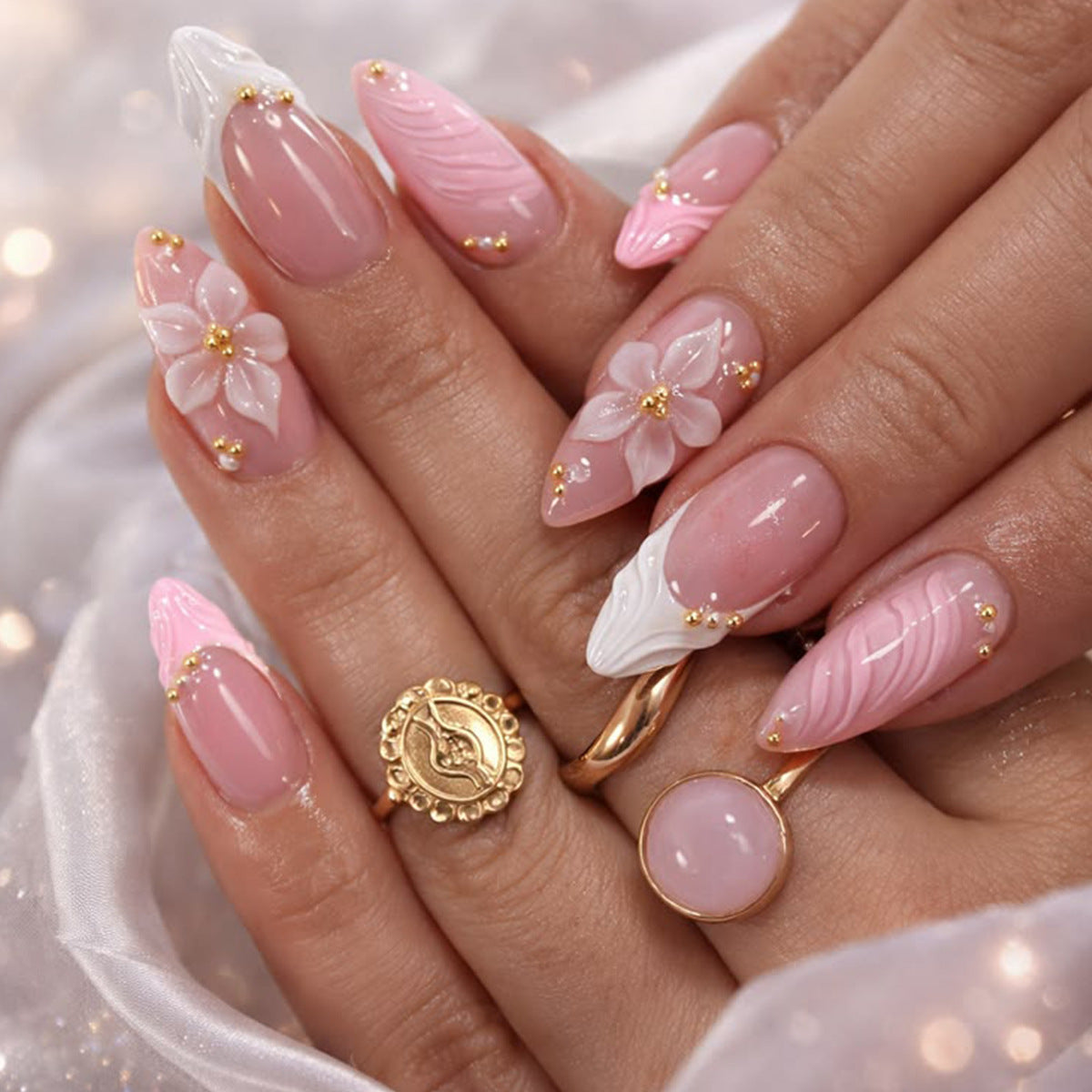 Floral Fantasy Long Almond Pink Press On Nail Set with Elegant Three Dimensional Design