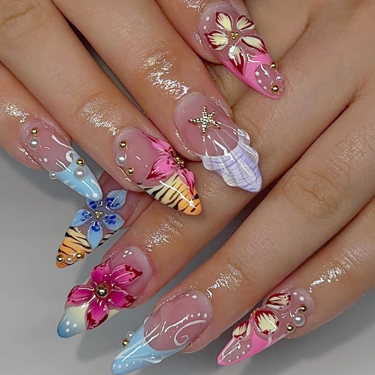 Tropical Elegance Medium Almond Press On Nail Set with Floral Artistry