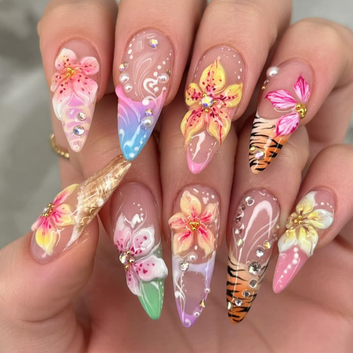 Tropical Elegance Long Almond Multi-Colored Floral Press On Nail Set