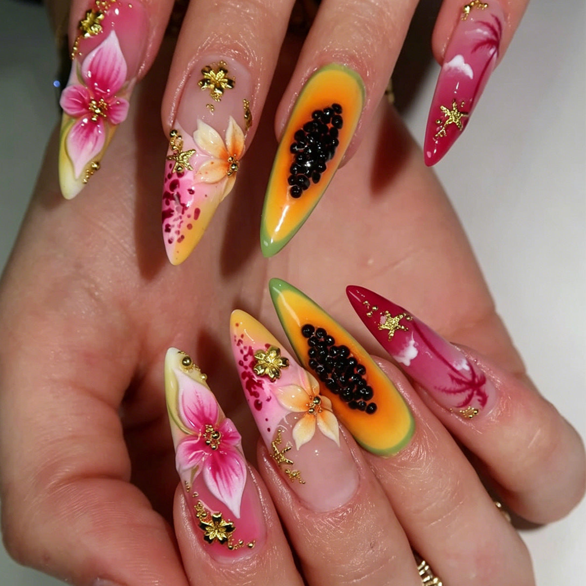 Tropical Vibes Long Almond Multicolor Floral Design Press On Nail Set