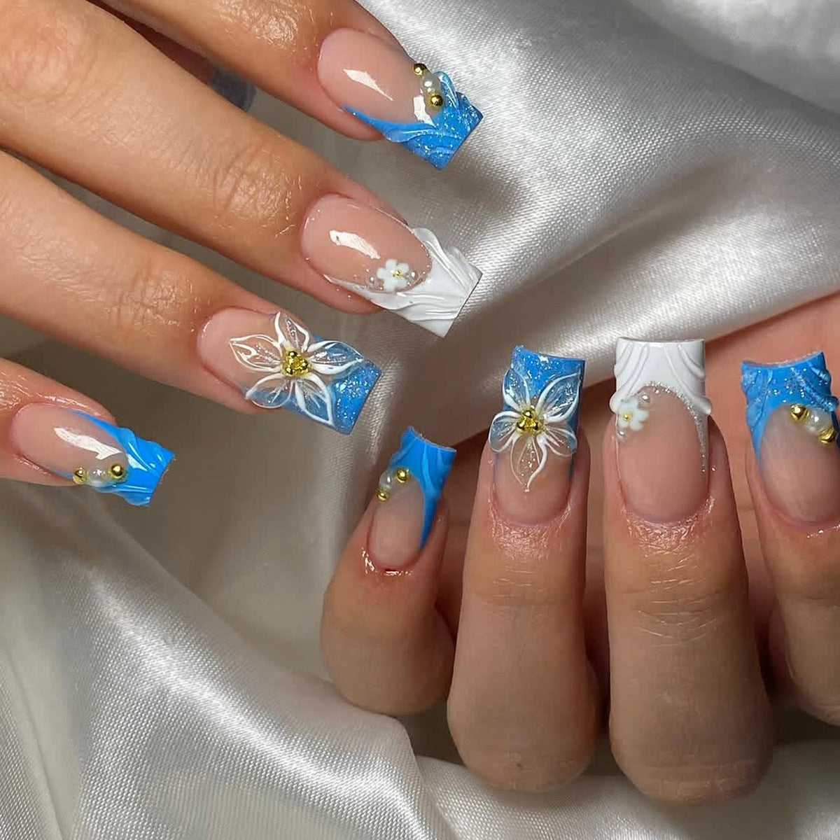 Ocean Breeze Medium Square Blue Nail Set with Floral Accents