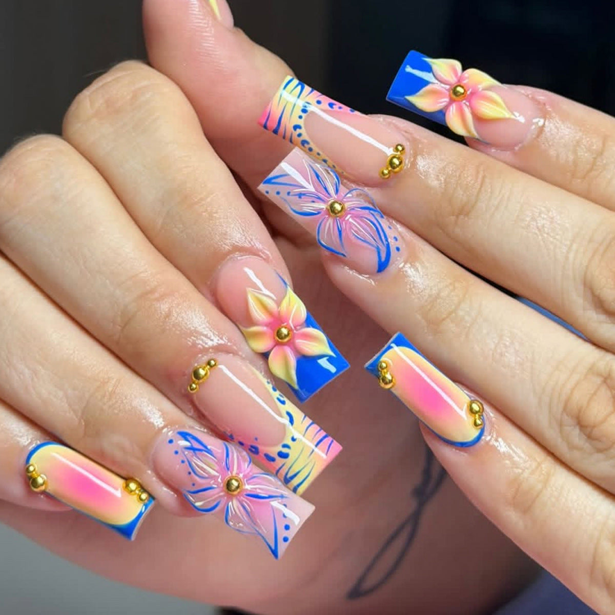 Tropical Bliss Long Square Blue Floral Press On Nail Set with Unique Gold Accents