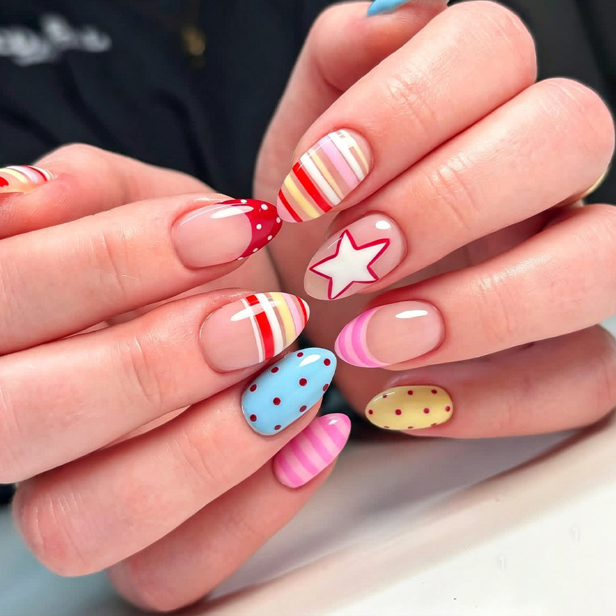 Whimsical Stripes Medium Almond Colorful Design Press On Nail Set
