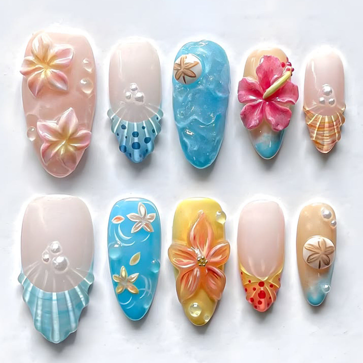 Tropical Paradise Medium Almond Soft Pastel Design Press on Nail Set