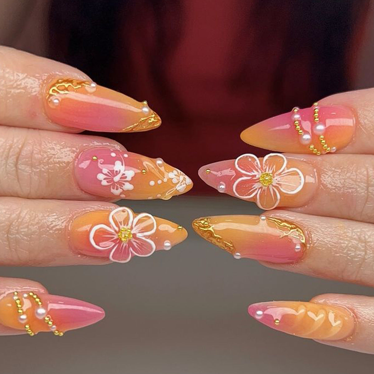 Sunset Dream Medium Stiletto Ombre Nails with Floral Accents