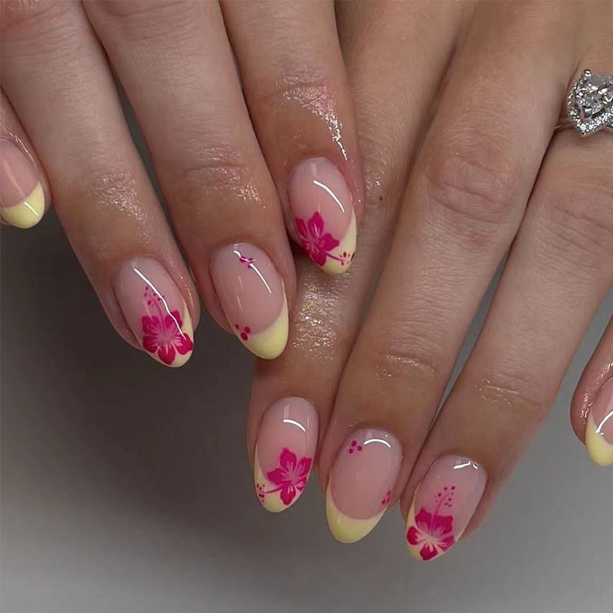 Tropical Paradise Medium Oval Yellow French Tip Press On Nail Set with Floral Design