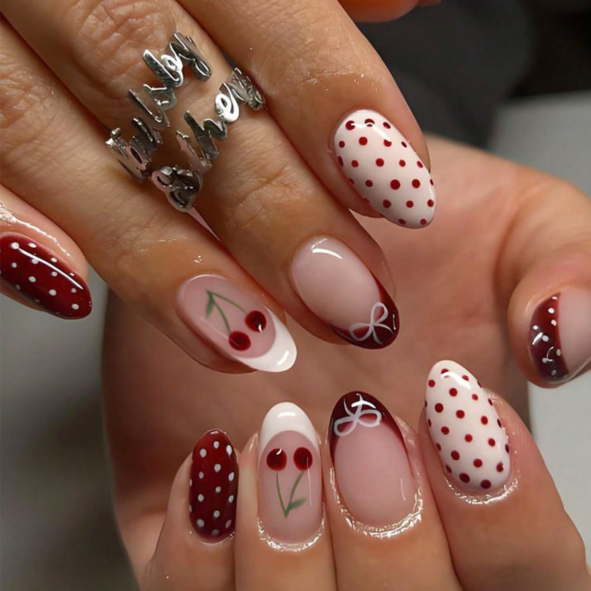 Cherry Blossom Delight Medium Oval Red and White Polka Dot Pattern Nail Set